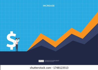 Finance performance concept. business profit increase with growth up arrow and people character. income salary rate grow margin revenue with dollar symbol. return on investment ROI vector illustration