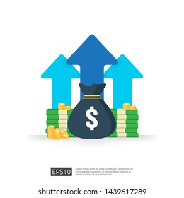 Finance performance of return on investment ROI concept with arrow. income salary rate increase. business profit growth margin revenue. cost sale icon. dollar symbol flat style vector illustration