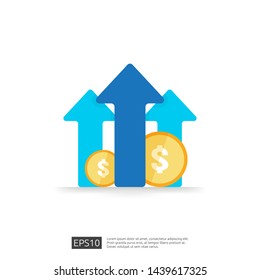 Finance performance of return on investment ROI concept with arrow. income salary rate increase. business profit growth margin revenue. cost sale icon. dollar symbol flat style vector illustration