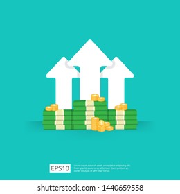 Finance performance of return on investment ROI concept with arrow. income salary rate increase. business profit growth margin revenue. cost sale icon. dollar symbol flat style vector illustration