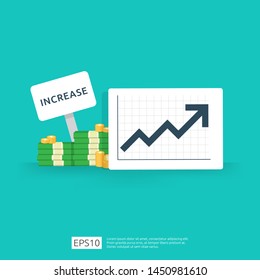 Finance performance of return on investment ROI concept with arrow. income salary rate increase. business profit growth margin revenue. cost sale icon. dollar symbol flat style vector illustration