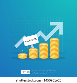Finance performance of return on investment ROI concept with arrow. income salary rate increase. business profit growth margin revenue. cost sale icon. dollar symbol flat style vector illustration