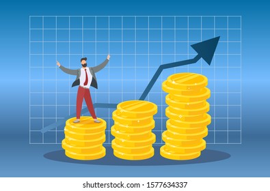 Finance performance of return on investment ROI concept with arrow. Increase and income. Vector illustration with character. Symbol of profit growth.