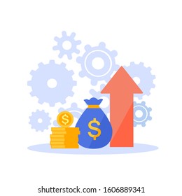 Finance performance of return on investment concept. Income growth, salary rate increase, margin growth revenue flat design vector illustration.