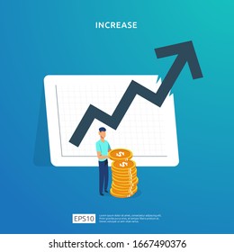 Rendimiento financiero del rendimiento de la inversión ROI. la tasa salarial aumenta la ilustración conceptual con el carácter de la persona y la flecha arriba. crecimiento de beneficios comerciales venta aumentar ingresos de margen con símbolo en dólares