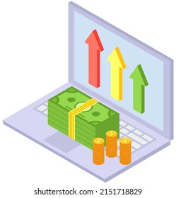 Finance performance of return on investment ROI concept with arrow. Income salary rate increase. Business profit growth margin revenue, economic success. Stacks of coins and bills on computer