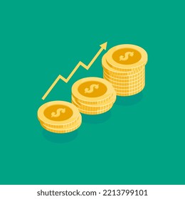 Finance performance of return on investment ROI concept with arrow. income salary rate increase. business profit growth margin revenue. cost sale icon. dollar symbol flat style vector illustration
