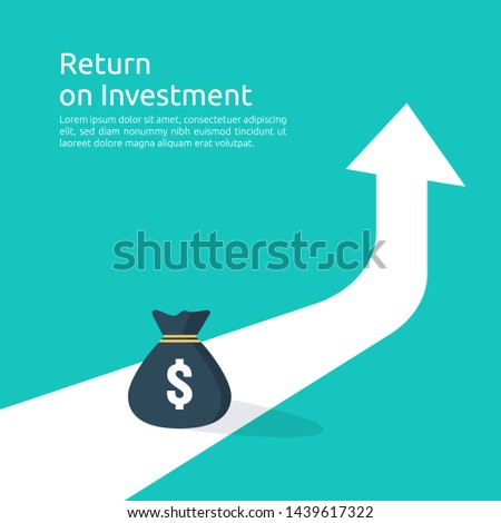 Finance performance of return on investment ROI concept with arrow. income salary rate increase. business profit growth margin revenue. cost sale icon. dollar symbol flat style vector illustration