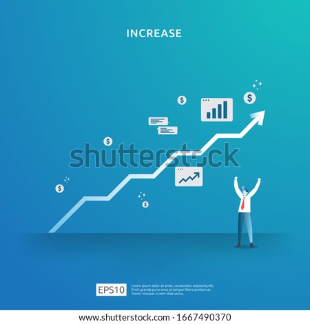 Finance performance of return on investment ROI. income salary rate increase concept illustration with people character and up arrow. business profit growth sale grow margin revenue with dollar symbol