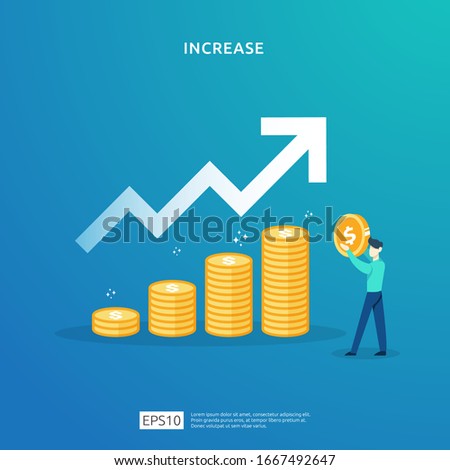 Finance performance of return on investment ROI. income salary rate increase concept illustration with people character and up arrow. business profit growth sale grow margin revenue with dollar symbol