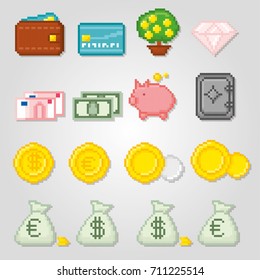 Finance Pixel icon set. Old school computer graphic style.