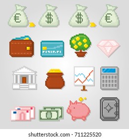 Finance Pixel icon set. Old school computer graphic style.