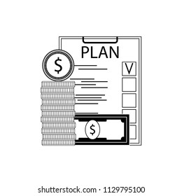Finance plan concept line style. Checklist planning and money coins banknote. Vector illustration