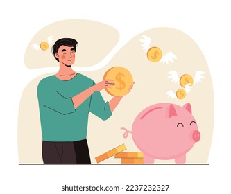 Finance planning concept. Young guy puts coin in piggy bank. Banking operations and financial literacy, family budget. Economics and trading, character with savings. Cartoon flat vector illustration