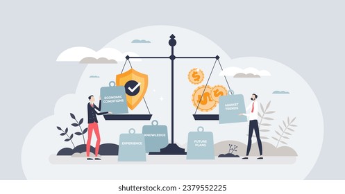 El concepto de persona pequeña para la planificación de las finanzas o la gestión de la tolerancia al riesgo financiero. Comparar la seguridad de la inversión monetaria con las cuestiones económicas ilustraciones vectoriales. Planificación empresarial con diversas condiciones de mercado