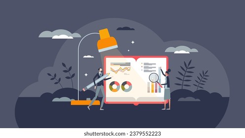 Finance and portfolio optimization as investment review tiny person concept. Use mathematical approach to making investing decisions vector illustration. Document of company assets and valuation.