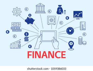 Finance poster with outline icons set. Person with laptop searching ways of increasing income icons concerning financial growth money savings charity and investments. Flat style vector illustration