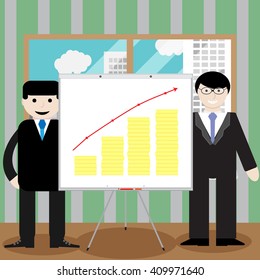 Finance presentation gold coin up. Growth market presentation and gold finance graph diagram. Vector flat design illustration