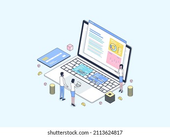 Finanzpräsentation Isometrische Illustration Lineale Farbe. Geeignet für mobile App, Website, Banner, Diagramme, Infografiken und andere grafische Objekte.