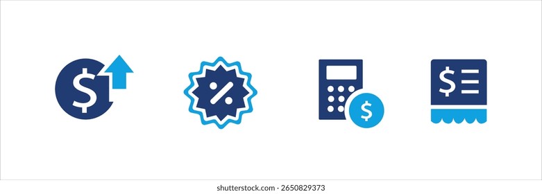 Finance and pricing icon set with dollar growth, discount badge, calculator, and receipt. Flat vector symbols in blue. Isolated elements for business, accounting, and ecommerce design.