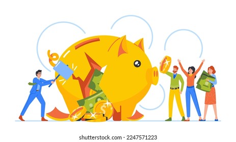 Finance Problems, Money Loss Concept. Man Hit Pig Moneybox with Hammer. Tiny Business Characters at Huge Broken Piggy Bank. Business People Crisis, Debt And Bankruptcy. Cartoon Vector Illustration