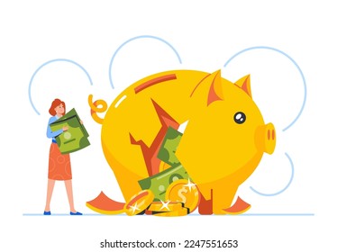 Finance Problems, Money Loss, Investment Crisis, Financial Bankruptcy, Low Income, Debt Concept. Tiny Female Business Character Stand at Broken Piggy Bank with Coins and Banknotes. Vector Illustration