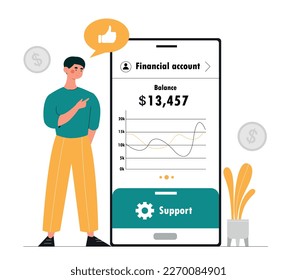 Finance program concept. Man near smartphone looks at charts and evaluates his account balance. Budgeting and income analysis, financial literacy. Work with statistic. Cartoon flat vector illustration