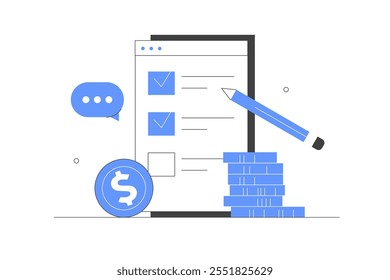 Finance. Putting check mark on checklist. Financial audit concept. Online survey filling online survey form on gadgets, to do list paper note. Flat Cartoon Vector Illustration, icon. Stylish abstract