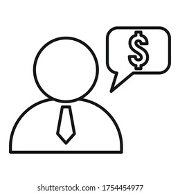 Icono de asesor de preguntas financieras. Símbolo de indicador de pregunta de finanzas de esquema icono de vector de diseño web aislado en fondo blanco