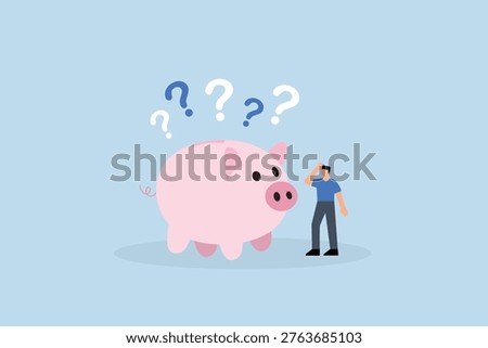 Finance question, perplexed entrepreneur holding a piggy bank and surrounded by question marks