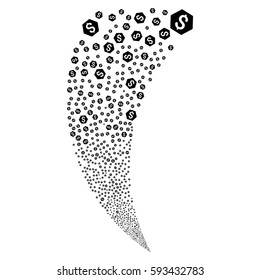 Finance random fireworks stream. Vector illustration style is flat black iconic symbols on a white background. Object fountain created from scattered icons.