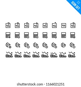 Finance Related Icon set. Contains such Icons as Percentage, Calculator, Cookie, Revenue Graph. Vector Flat Icon Set in Line Style for Mobile application or Web site.
