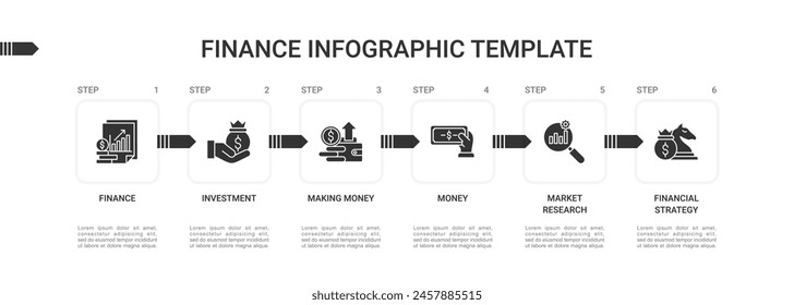 Finance Related Process Infographic Template. Process Timeline Chart. Workflow Layout with Investment, Money, Market Research, and Financial Strategy Icons stock illustration