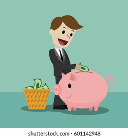 Finance and relationships concept. Businessman with a pig bank.