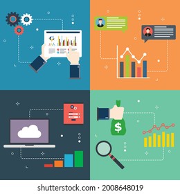 Finance, report, computer, financial, data and accountancy icons. Concepts of report market, gains financial, data organization and accountancy chart. Flat design icons in vector illustration.