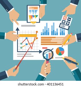 Finance report concept. Financial management, profit, strategy, investments planning, audit, data analysis, marketing research, consultant, analytics. Vector illustration flat design.