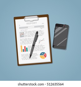 Finance report documents with diagrams. File with pen and black phone. Flat style realistic illustration.