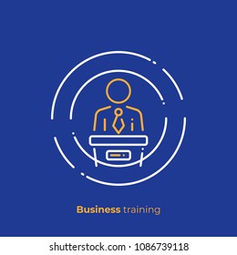 Finance report line art icon, business presentation vector art, outline digital meetup illustration