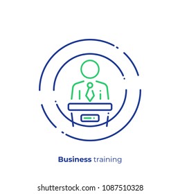 Finance report line art icon, business presentation vector art, outline digital meetup illustration