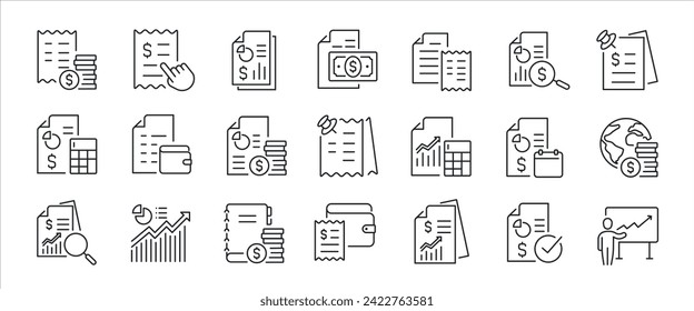 Los iconos de línea delgada mínimos del informe de finanzas. Pagos relacionados, informe financiero, recibir, billar. Ilustración vectorial.