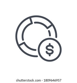 Icono de línea Informe financiero y Estadísticas. Moneda en dólares con signo de contorno vectorial de gráfico circular.