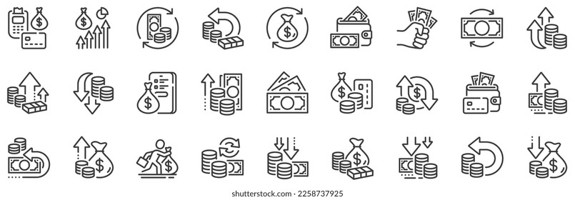 Finance, revenue reduction and financial benefit set. Money line icons. Economy, money savings and increase profit line icons. Cash back, wallet and return finance. Inflation rising. Vector