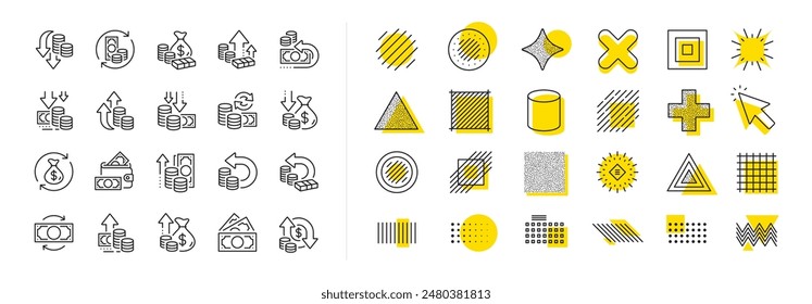 Finance, revenue reduction and financial benefit set. Design shape elements. Money line icons. Economy, money savings and increase profit line icons. Cash back, wallet and return finance. Vector