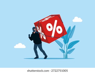 Problema de riesgo financiero. Ladrón robando el bloque de cubo con porcentaje, mano de ladrón con crédito. Ilustración vectorial plana