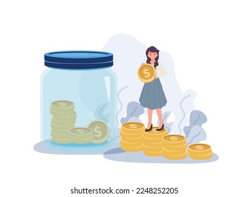 finance savings concept. Tiny female character collects gold coins in a huge glass jar. Woman makes savings. Flat vector cartoon character illustration