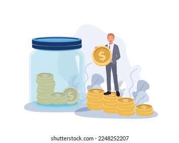 finance savings concept. Tiny male character collects gold coins in a huge glass jar. Businessman makes savings. Flat vector cartoon character illustration