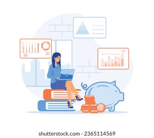 Finance Savings Concept, A young woman works at a laptop to study and fulfill financial savings. flat vector modern illustration