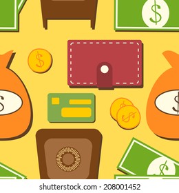 Finance seamless pattern with objects in flat style, business economics background