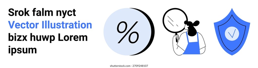 Finanzas, seguridad, evaluación, porcentaje, confianza, toma de decisiones. Icono de porcentaje, persona con lupa y escudo con marca de verificación. Finanzas y seguridad