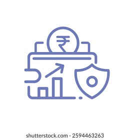Finance and Security Icon – Minimalist Wallet with Growth Chart and Shield in Monochrome Stroke
